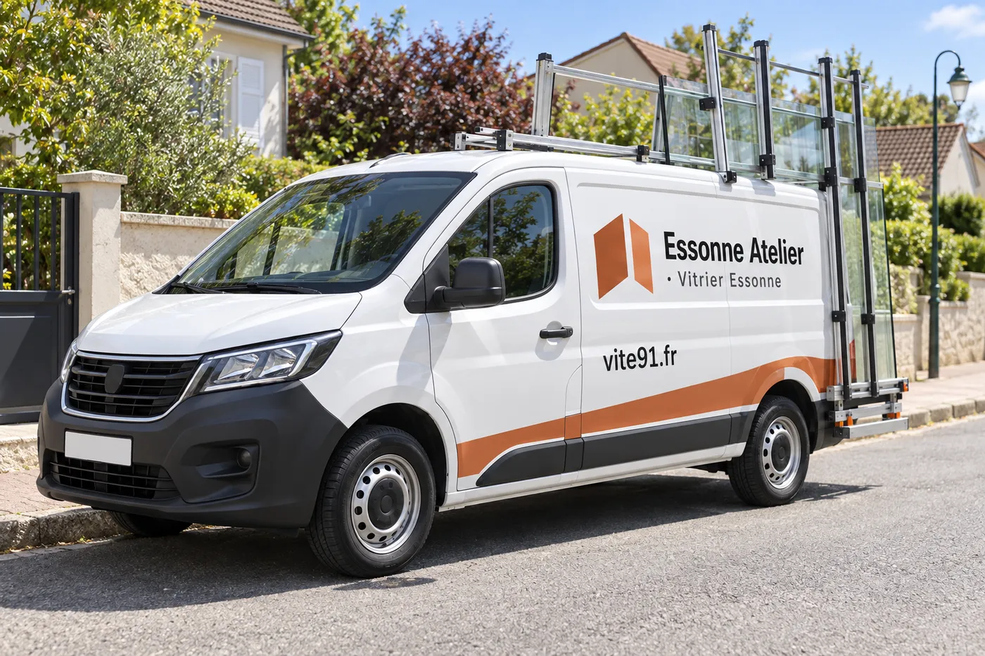 Fourgon blanc Essonne Atelier marqué vite91.fr, avec un pupitre de transport de vitrages, garé dans une rue résidentielle de l'Essonne
