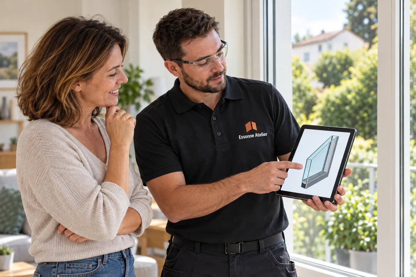 Vitrier d'Essonne Atelier montrant sur une tablette la coupe d'un double vitrage à une cliente, devant sa fenêtre